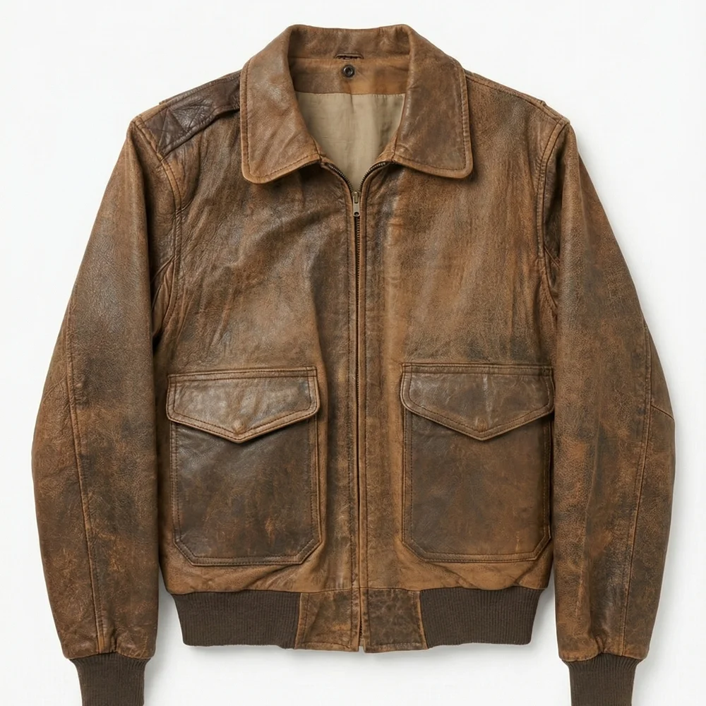 Men's Leathertown '88 Distressed Brown Leather Bomber Jacket Size L/42 - Picture 1 of 16